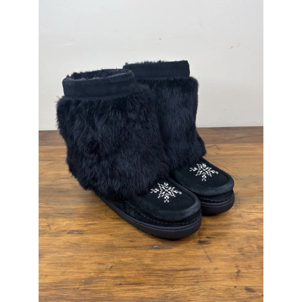 Manitobah Waterproof Half Mukluk Black Suede Rabbit Fur Winter Boots Womens L5
